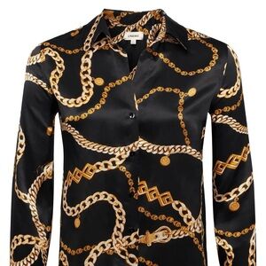 L’AGENCE SILK XS/TALL Black and Gold Chain Print Women's Button Down Shirt